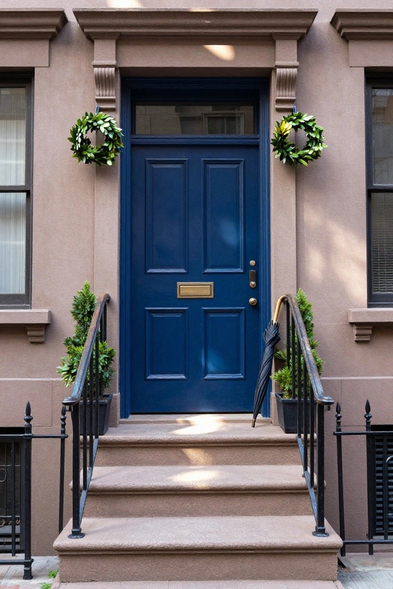 Brownstone townhouse facade featuring a navy blue double front door centered between two windows with green laurel wreaths, flanked by boxwood plants on the steps and a black umbrella leaning on the iron railing.