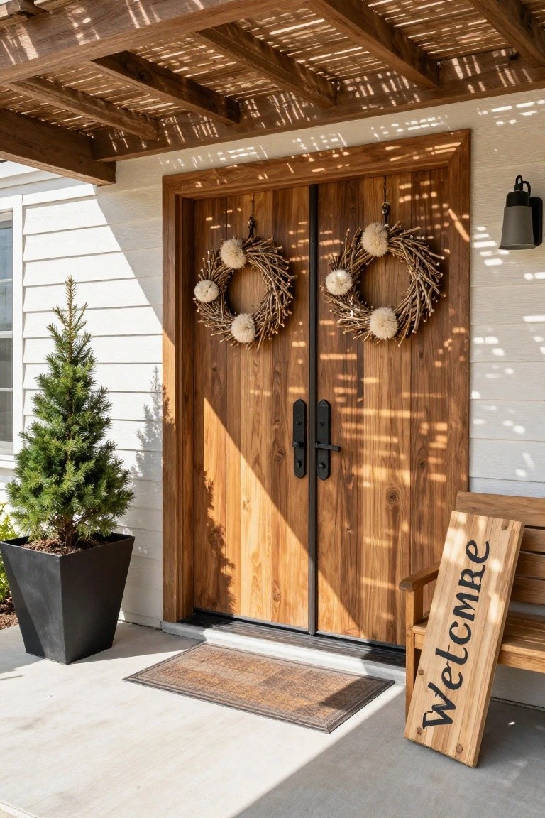White house exterior with double wooden front doors under a pergola, each door decorated with a wreath of dried grass and white pom poms, a small potted evergreen tree to the side, and a leaning wooden bench with Welcome sign.