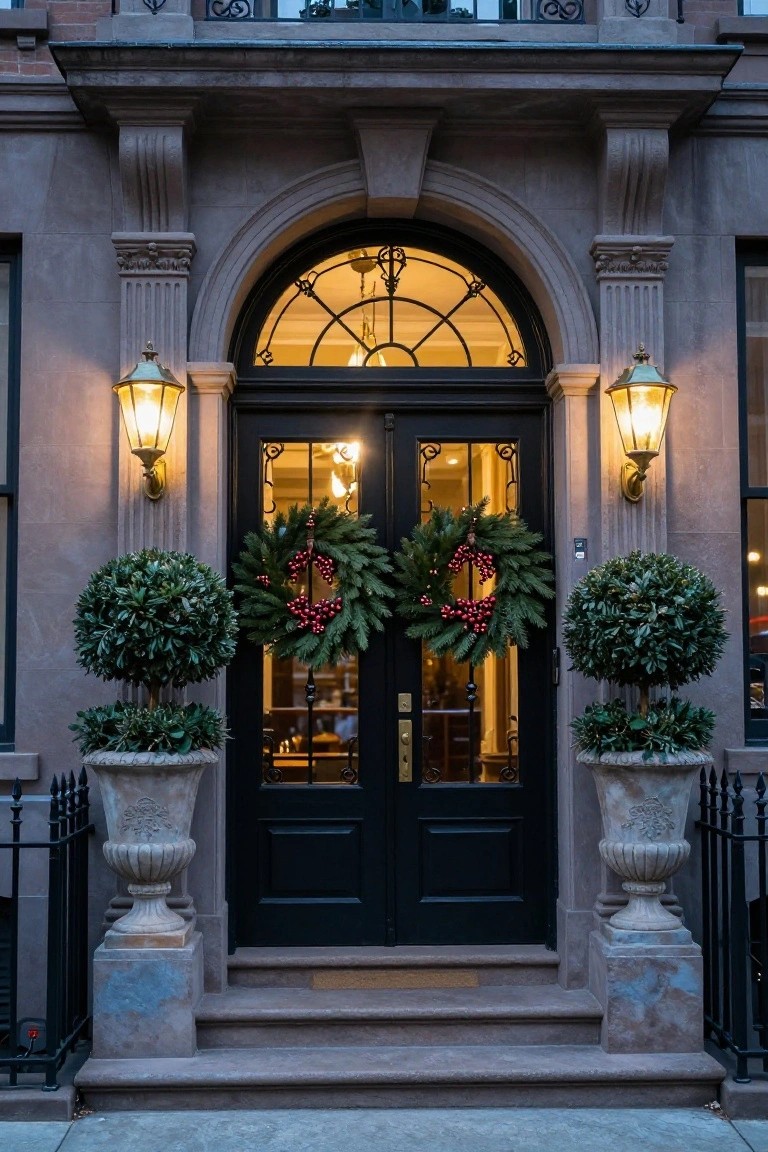 Brownstone house facade featuring black double doors with arched glass transom, flanked by matching evergreen Christmas wreaths with red berries, brass lanterns, potted boxwood topiaries in stone urns, and steps leading to the entry at evening.