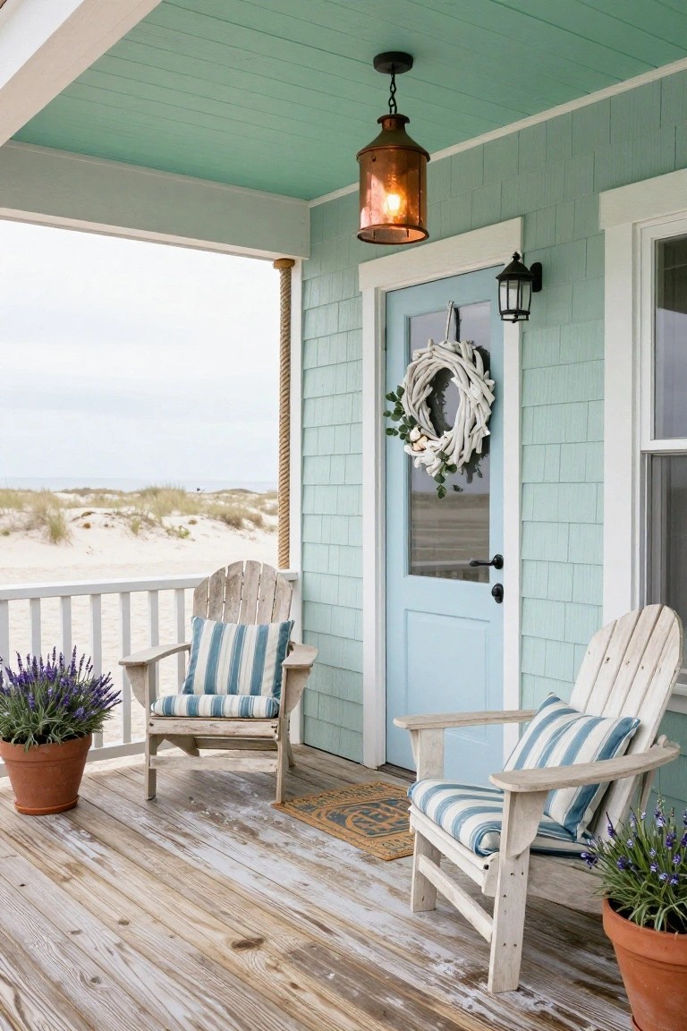 Seafoam green shingled house porch with light blue front door decorated by a white driftwood wreath, two white Adirondack chairs with blue striped cushions, potted lavender plants, and view of beach dunes.