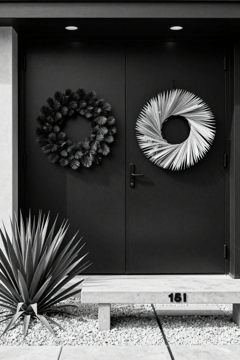 Black double front doors with a dark pine needle wreath on the left door and a light palm frond wreath on the right door, an agave plant to the left, and a concrete bench displaying house number 161 in front.