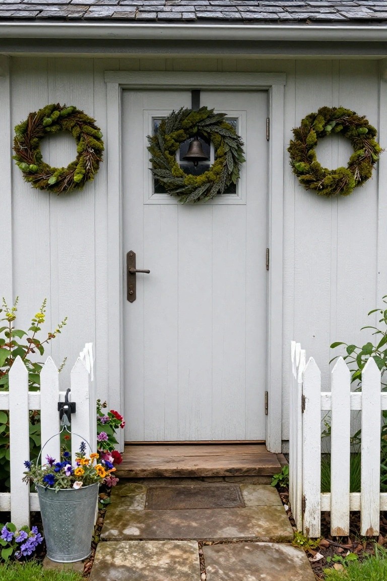 White wooden garden shed door centered with a green moss wreath and bell, flanked by two matching moss wreaths on the walls, white picket fence on sides, metal bucket of mixed flowers on step, and surrounding plants.