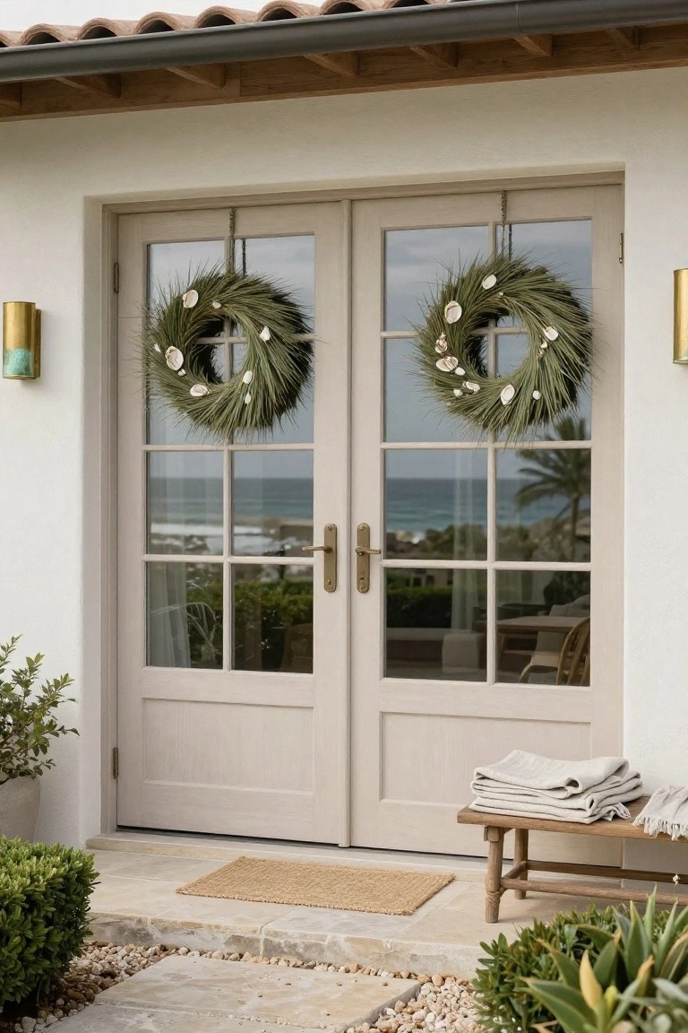 Pale wood double doors with matching green wreaths featuring shells hung on each door, gold wall lanterns flanking them, ocean view through the glass panels, wooden bench with folded linens and plants on a stone path.