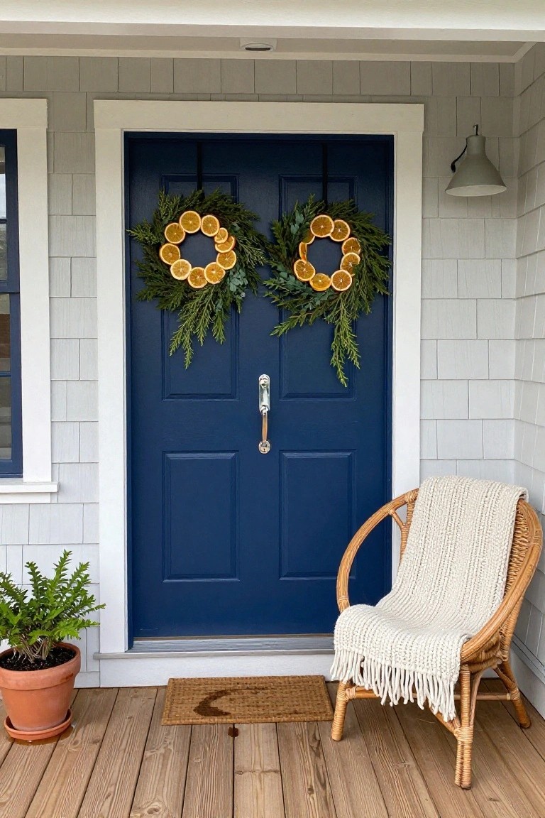 Navy blue double front door on a shingled house, decorated with two matching wreaths of greenery and dried orange slices, next to a potted plant and wicker chair with blanket on a wooden porch.