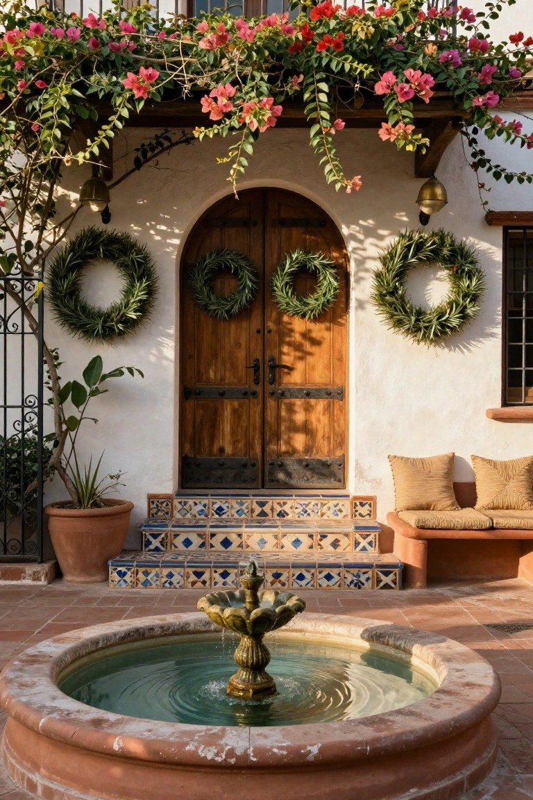 White stucco house exterior with arched wooden double door decorated by four green wreaths, two on the door and two on the walls, tiled steps, potted plants, hanging bougainvillea, lanterns, bench, and stone fountain in terracotta patio.