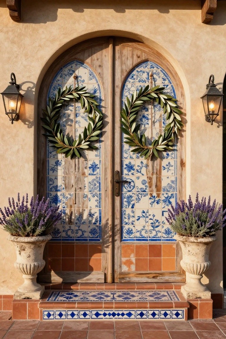 Arched double wooden doors with blue floral-patterned tiles, each hung with an olive leaf wreath, flanked by urns of lavender plants and wall lanterns, above terracotta steps with blue tile edging on a beige stucco wall.