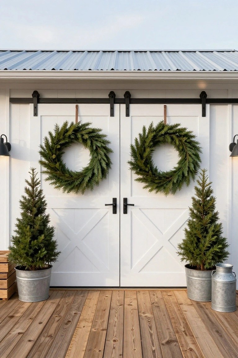 White sliding barn doors on a building with metal roof, each door decorated with a large green wreath, small potted evergreen trees in galvanized buckets positioned on either side on a wooden deck.