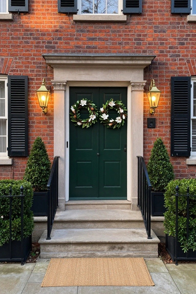 Brick townhouse facade featuring dark green double doors with two matching white magnolia wreaths, flanked by lanterns, boxwood topiaries in black pots, black shutters, and stone steps leading to a beige door mat.