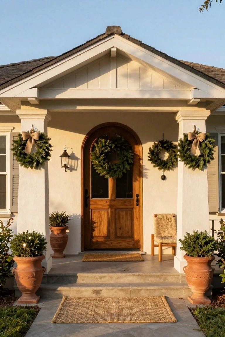 Stucco house front with arched wooden double door centered under porch, flanked by columns each with large evergreen wreath and burlap bow, wreaths also on side windows, lantern light, potted plants, rattan chair, and seagrass doormat on steps.