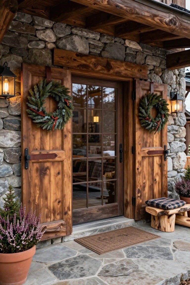 Rustic stone house exterior with wooden double doors and shutters decorated with matching evergreen Christmas wreaths and red ribbons, lit by lanterns, potted plants and a stool on a stone porch.