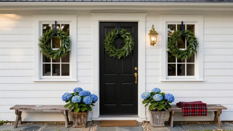 White clapboard shed with black double front doors decorated with two green evergreen wreaths tied with white satin bows, flanked by lit brass lanterns, blue hydrangea plants in wooden boxes, and a red plaid mat on a stone step.