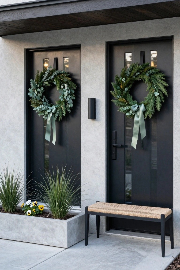 Two black double front doors under a wooden overhang, each decorated with a large green wreath of pine and eucalyptus with a blue satin bow, a black wall light between them, a concrete planter with grasses and daisies to the left, and a black rattan bench in front on a concrete porch.