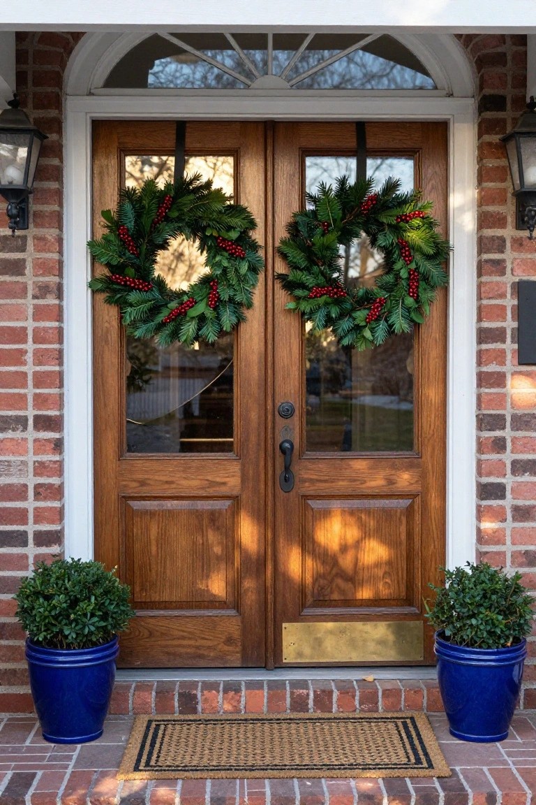 Double wooden front doors on a brick house entryway decorated with two matching green evergreen wreaths accented by red berries, flanked by lanterns, blue pots with boxwood shrubs, and a seagrass doormat.