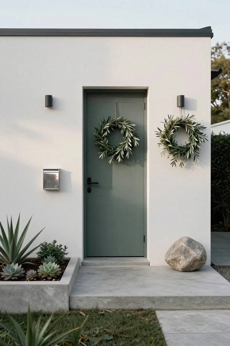 White minimalist house exterior with teal-green front door, one olive leaf wreath on the door and a matching wreath on the adjacent wall, stainless mailbox, black wall lights, concrete steps, succulent planter, agave plants, large boulder, and short grass lawn.
