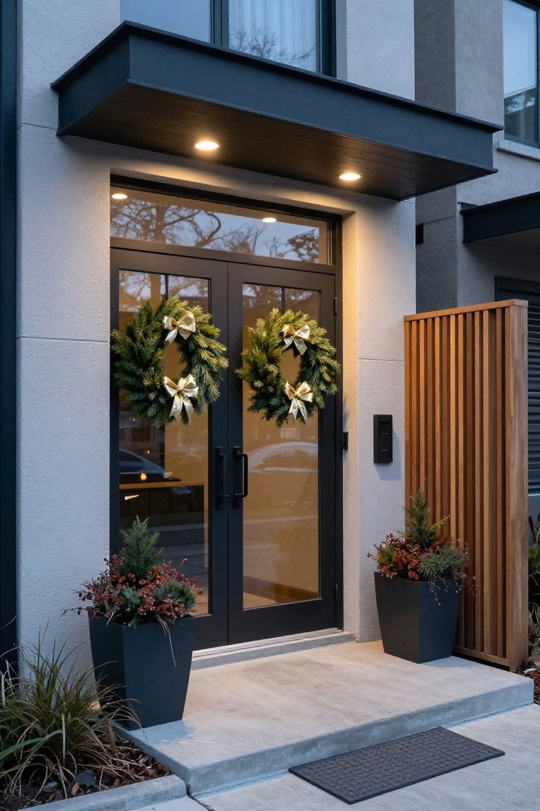 Modern house front entrance featuring black-framed double glass doors with two matching evergreen Christmas wreaths accented by gold bows, potted plants on either side, warm entry lighting, and a wooden slat privacy screen.