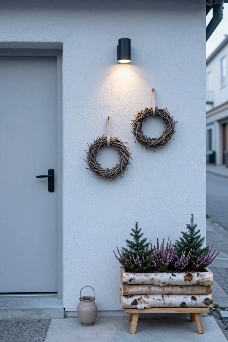 Gray door on white exterior wall next to two hanging twig wreaths on leather straps, black wall light above, wooden planter box with small firs and purple heather on legs, and terracotta lantern on ground.