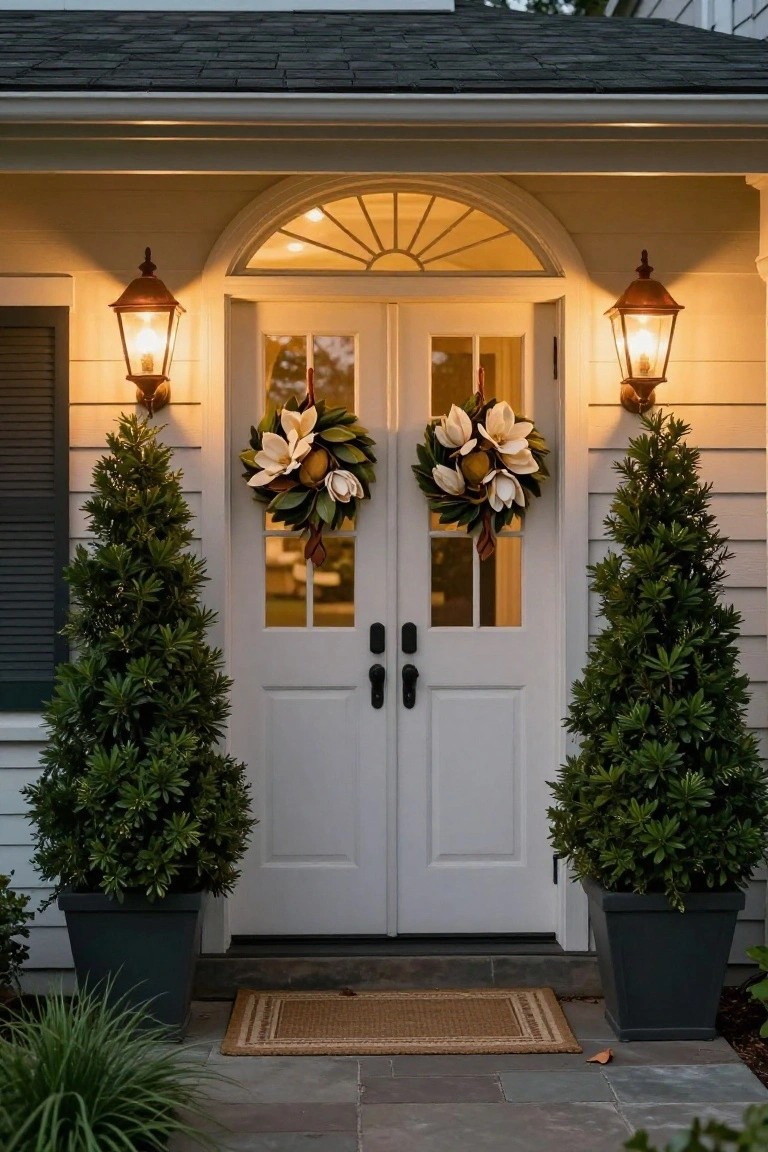 White double front doors on a house exterior with matching magnolia wreaths hanging on each door, flanked by potted conical evergreen trees in black pots, copper lanterns on the walls, and a seagrass mat on the stone steps at dusk.