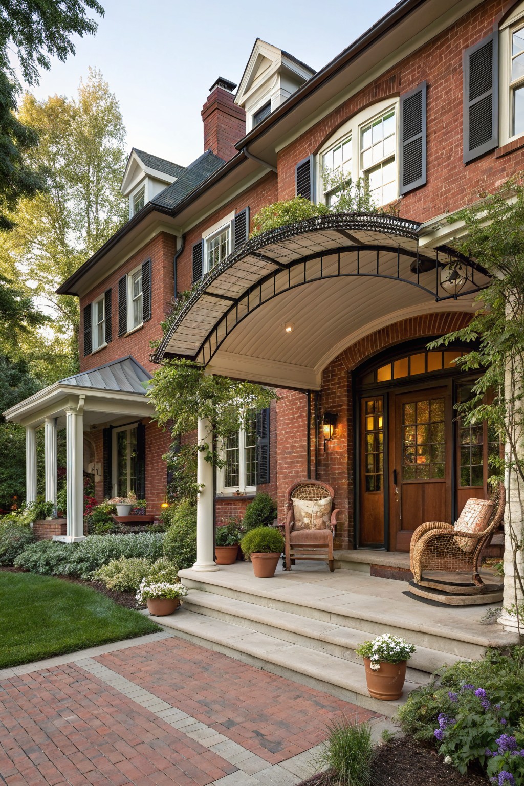 Red brick house exterior with arched black metal canopy over the front porch, wooden double doors, wicker rocking chairs with cushions, potted plants, brick steps, and surrounding landscaping with vines and flowers.