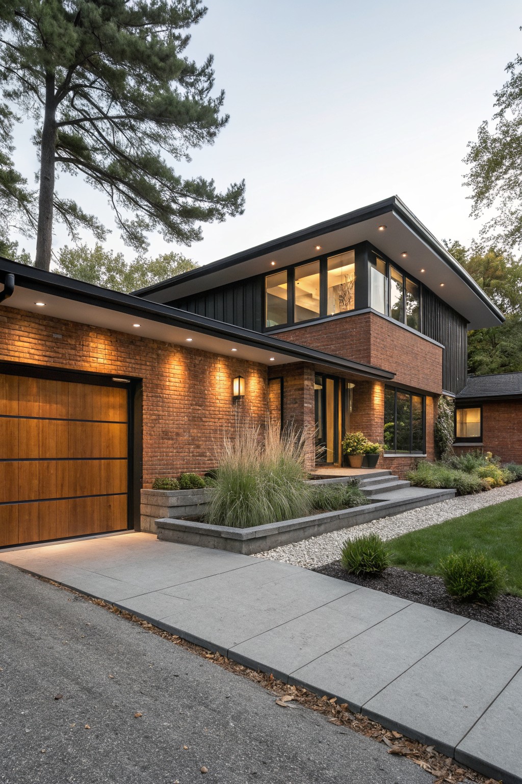 Red brick house exterior with black wood siding on the upper level and overhanging roof, wood garage door, entry steps with plants, and tall pine trees nearby in evening light.