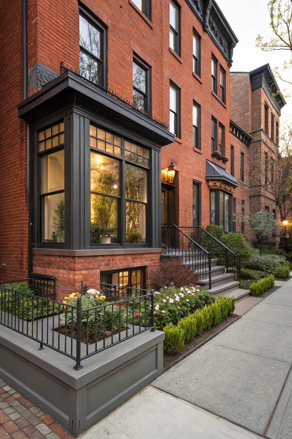 Red brick rowhouse exterior with black window frames on a prominent bay window, black entry lantern and railing, steps leading to the door, and a landscaped areaway garden with plants and boxwoods.
