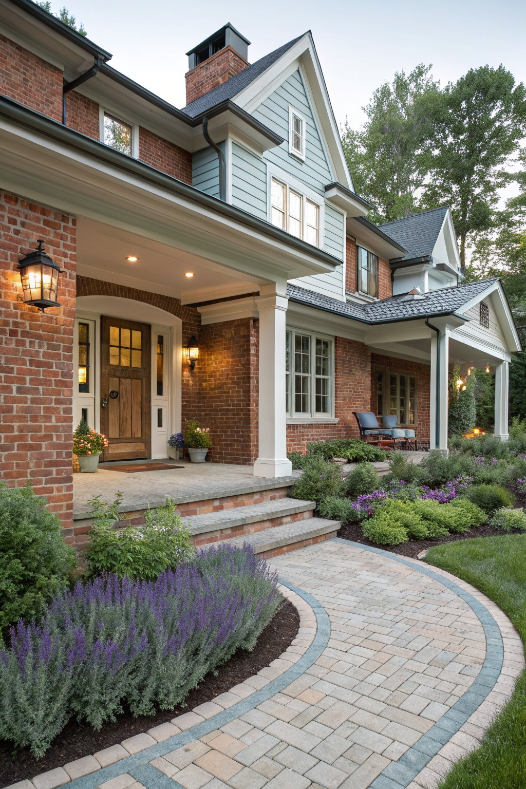 Front view of a red brick house with light blue siding, covered porch, lanterns, potted flowers on steps, and a curved light paver walkway bordered by lavender shrubs leading from the lawn.