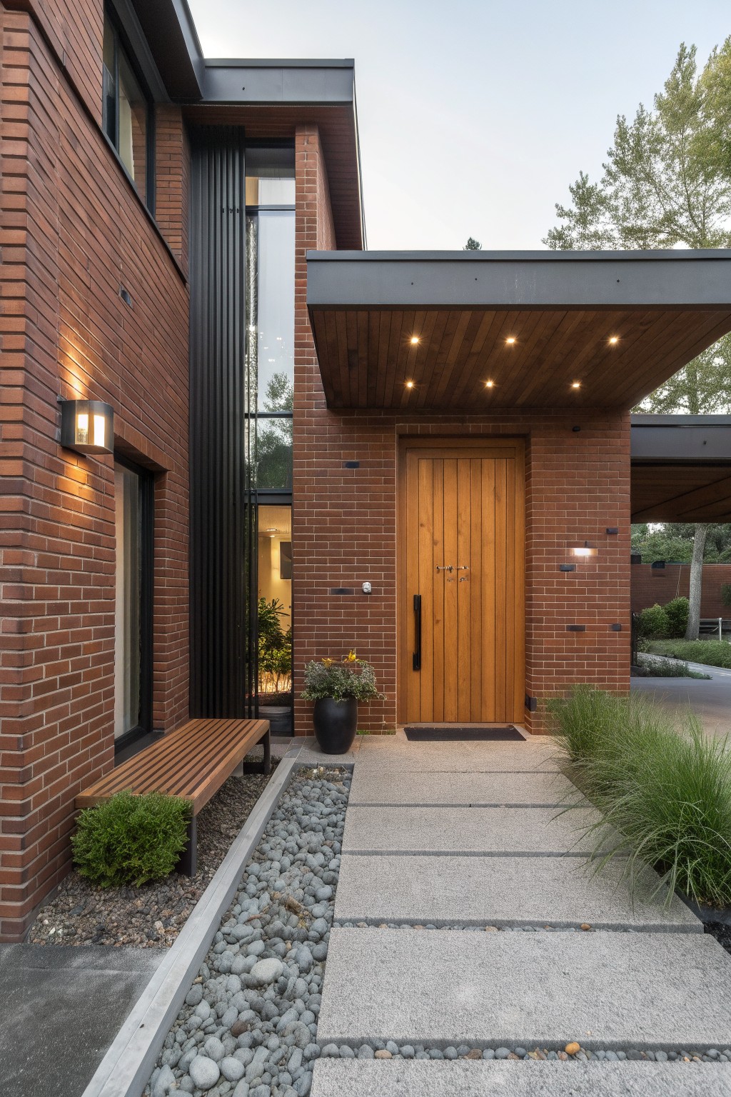 Red brick house exterior with black vertical cladding, wood front door under cantilevered wood canopy with recessed lights, concrete walkway edged in gravel and ornamental grasses, and a wooden bench nearby.