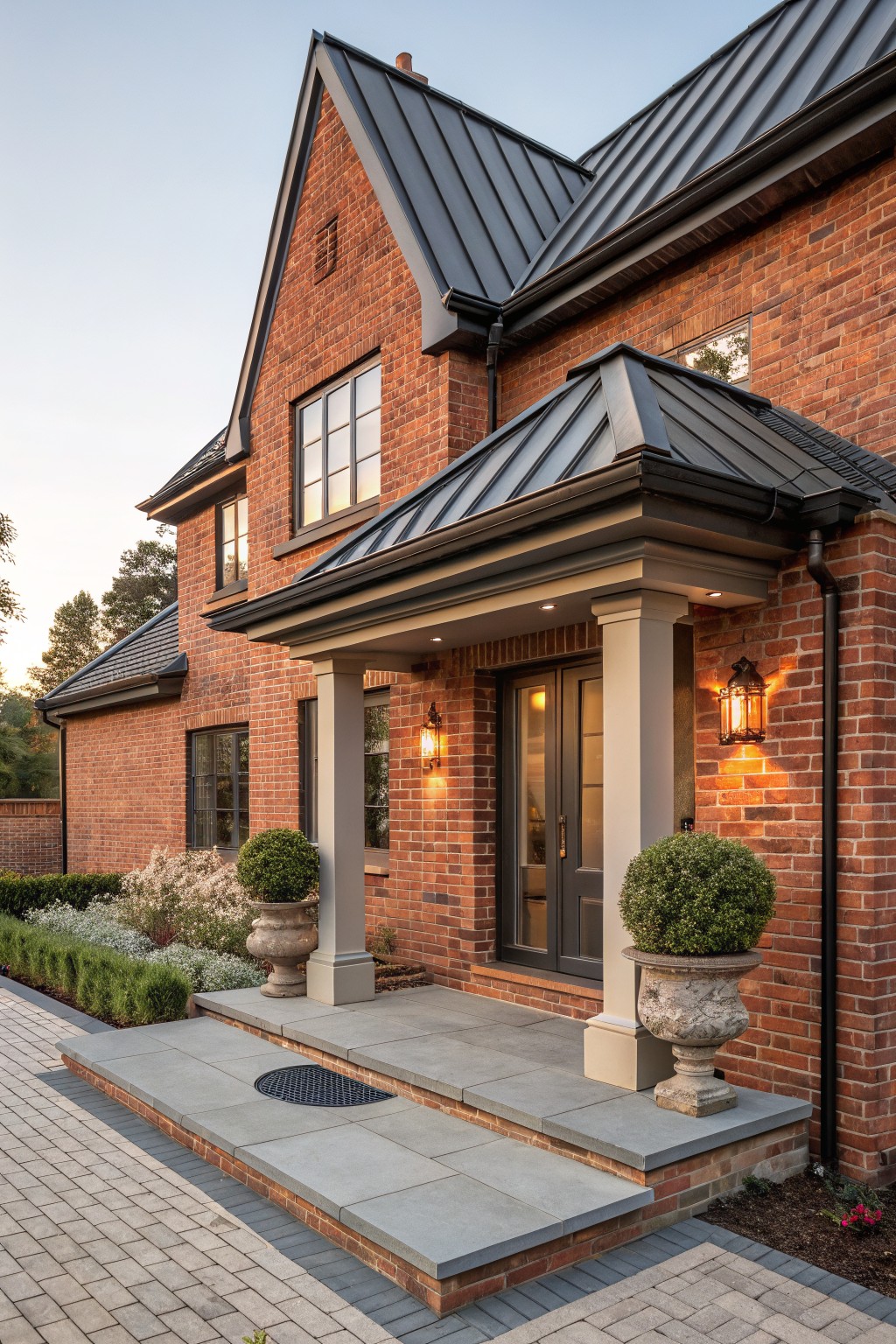 Red brick house exterior with gabled dark metal roof, covered portico supported by columns framing a dark wood front door with sidelights, flanked by lanterns and large urns containing boxwood topiaries, slate steps on brick base leading to paved entry area.
