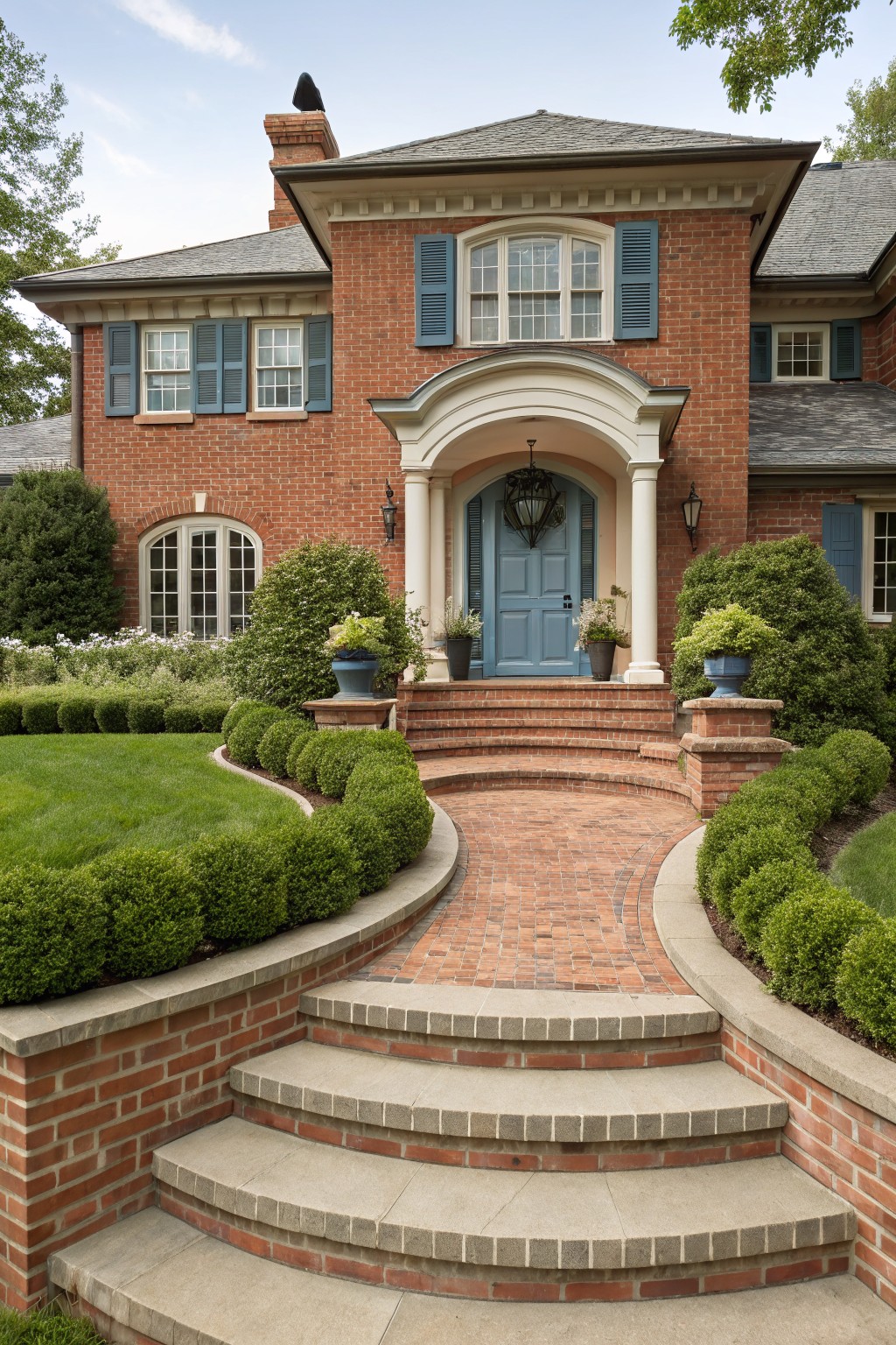 Red brick house facade with gabled roof, arched portico entry with blue door and lanterns, brick steps, and curved path edged by boxwood shrubs and grass lawn.