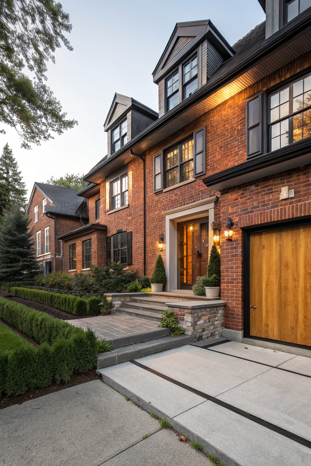 A two-story red brick house exterior with black-framed windows, wooden garage door, front entry steps flanked by planters, low boxwood hedges, and evening lighting.