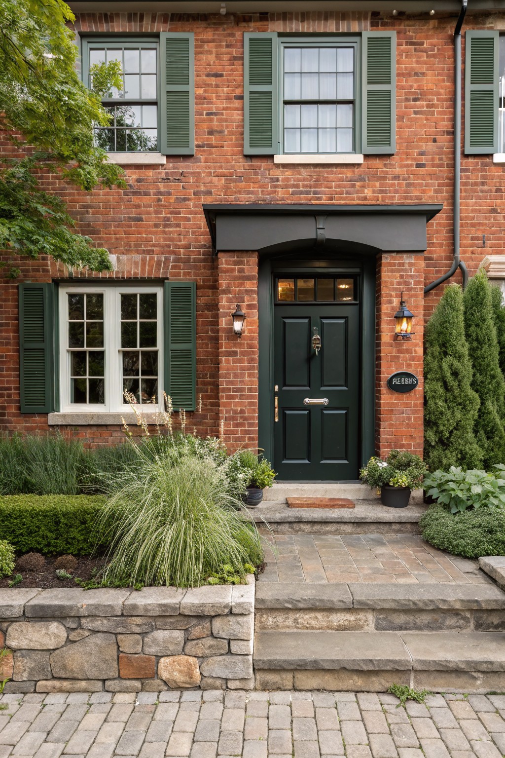 Red brick two-story house exterior featuring a deep green front door with brass knocker, flanked by black lanterns, green shutters on windows, stone steps, and low landscaping with grasses and shrubs.