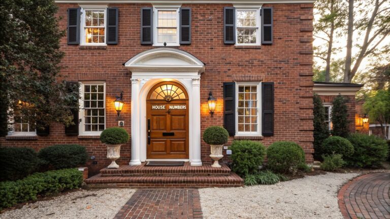 Red brick house facade featuring an arched white portico with wooden front door, flanked by black wall lanterns, black shutters on multi-pane windows, and potted topiaries beside brick steps on a gravel path.