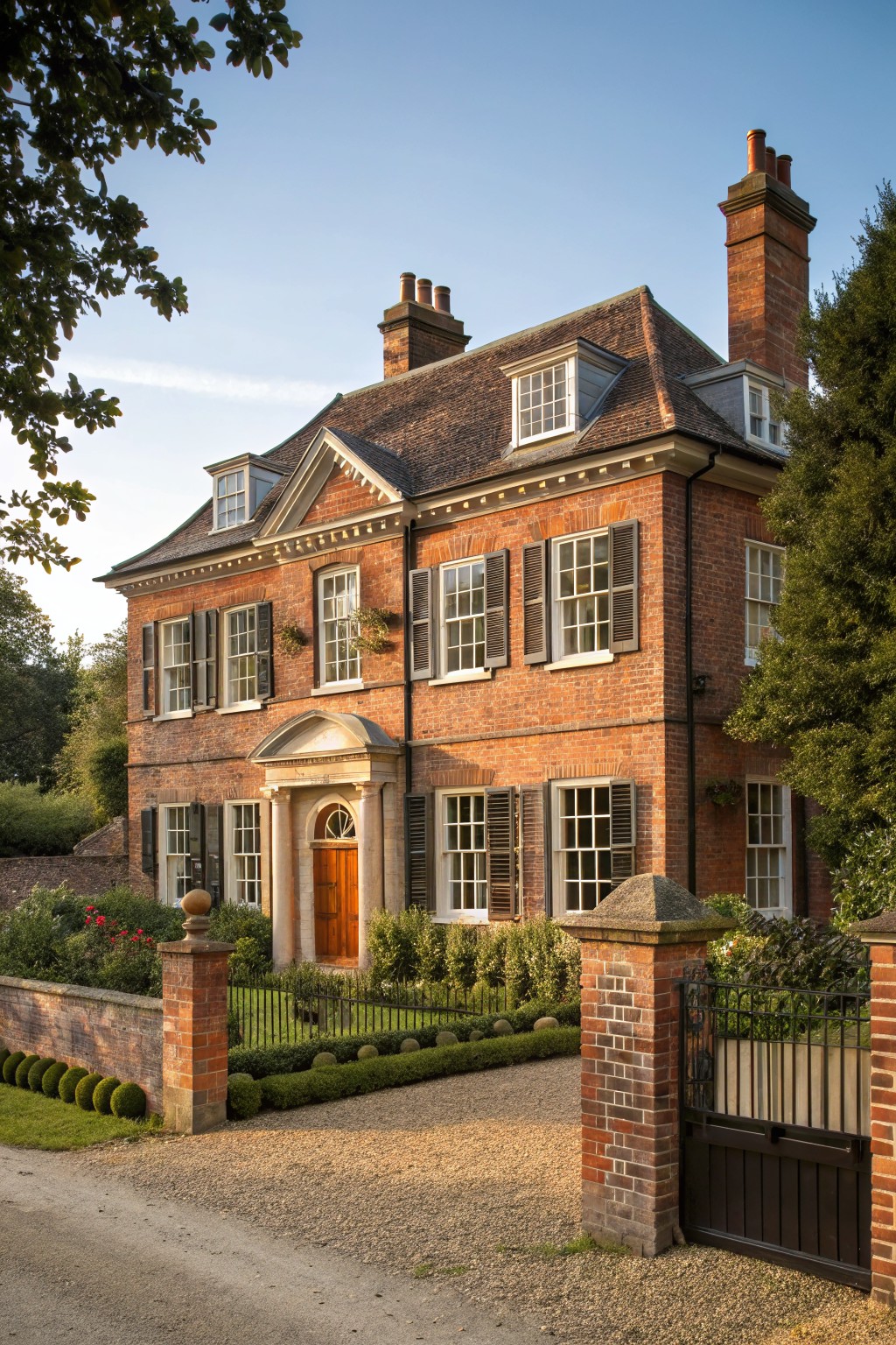 Two-story red brick Georgian house with symmetrical facade, central pedimented stone entry featuring orange door, multi-pane windows with green shutters, brick boundary wall with gate, gravel driveway, and landscaped borders.