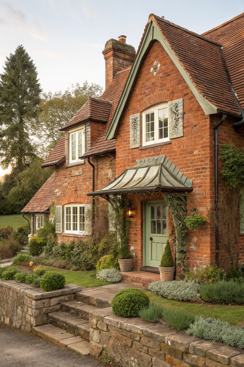 Red brick house exterior featuring a green front door beneath a small copper awning, with climbing plants, stone steps, low hedges, and a surrounding garden.