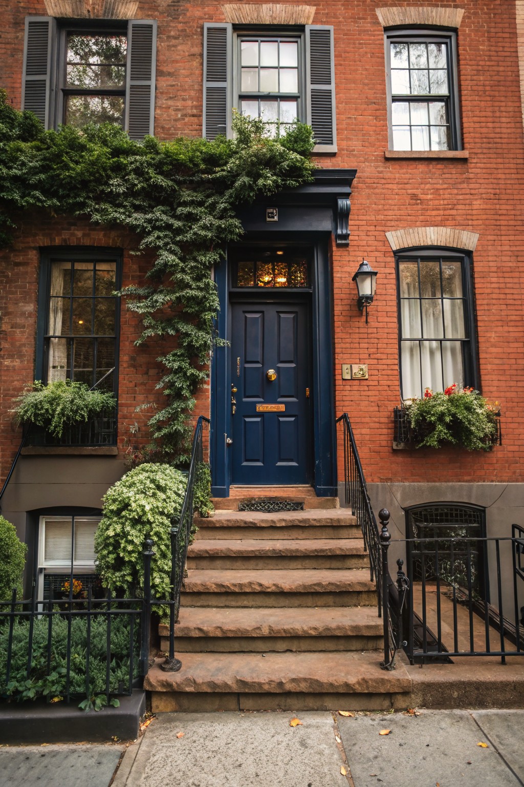 Red brick townhouse facade with ivy climbing one side, dark navy blue front door, brass knocker, exterior lantern, potted plants in window boxes, and brownstone steps with black railing.
