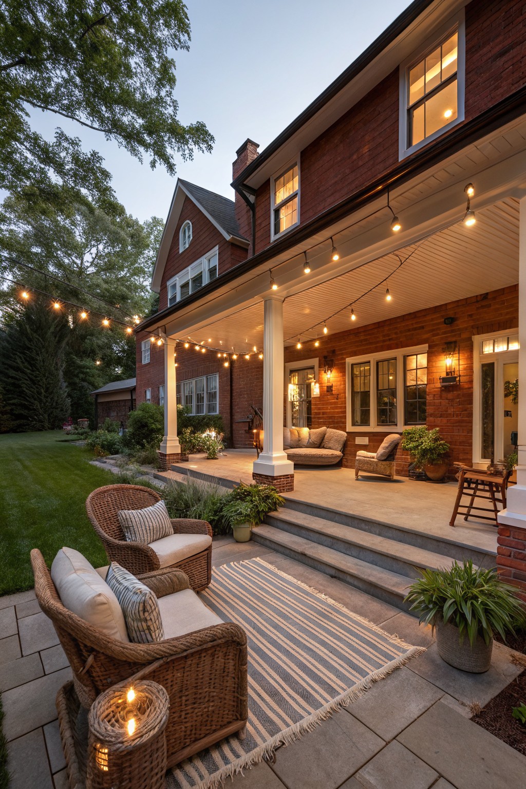 Red brick house with covered porch strung with warm bulb lights at dusk, wicker chairs and rug on concrete patio steps below, trees and lawn in background.