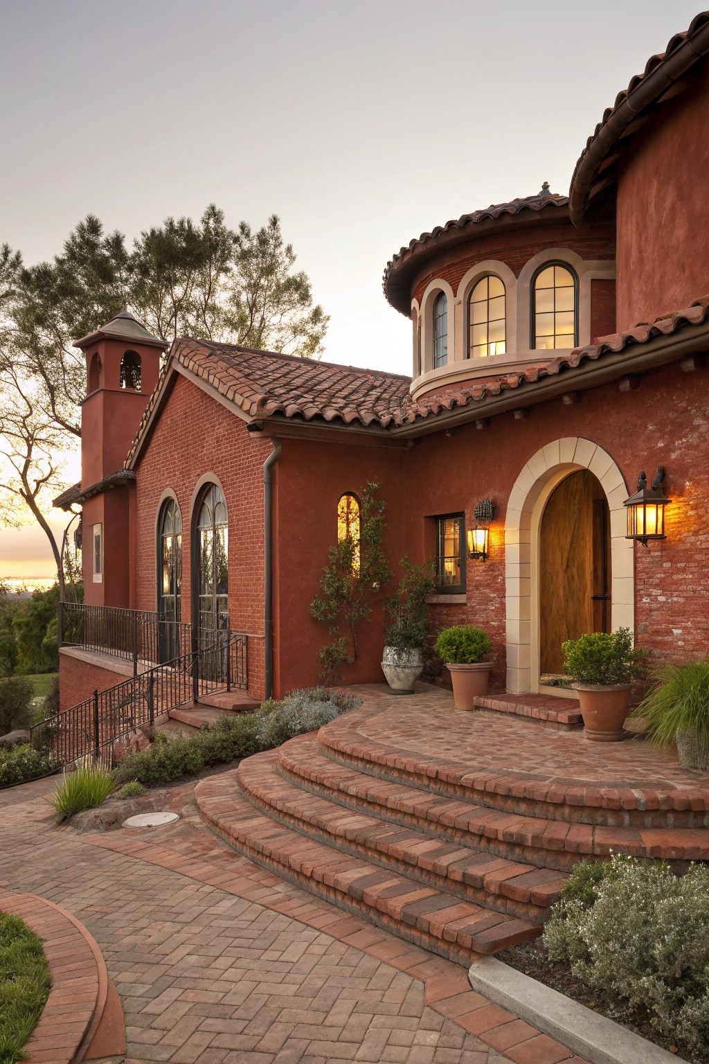 Red brick house exterior featuring a curved red tile roof, arched wooden entry door with stone surround and lanterns, sweeping curved brick steps leading to the entry, potted plants, iron railing, and surrounding landscaping at dusk.