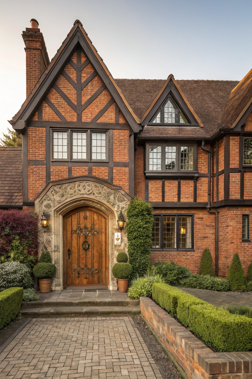 Red brick two-story house with black half-timber framing, arched stone entryway featuring carved wooden door and lanterns, flanked by shrubs and potted plants, brick pathway, and low boxwood hedges.