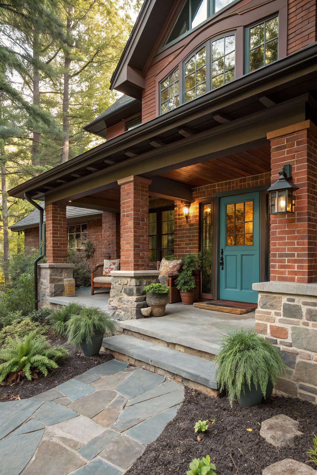 Red brick house exterior featuring a turquoise paneled front door, brick porch with stone pillars, Adirondack chairs, potted plants, stone pathway, and surrounding trees and landscaping.