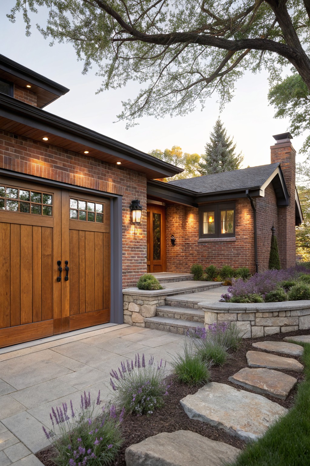 Red brick house exterior featuring double wooden garage doors with glass panels, stone entry steps lined with lavender plants, and a landscaped front yard under evening light.