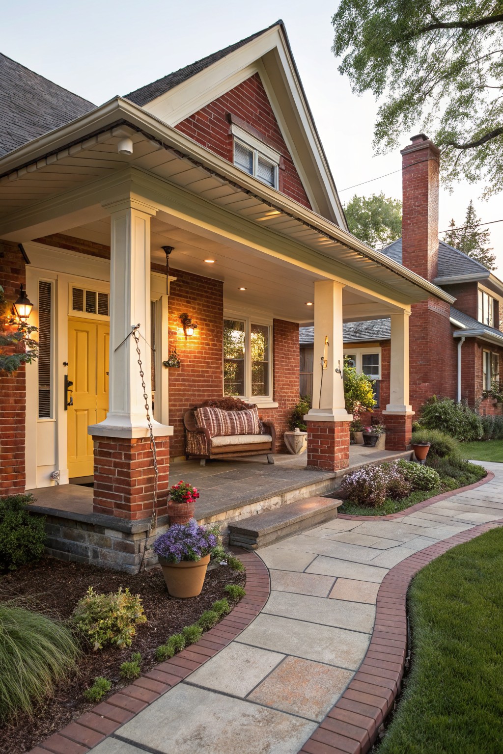 Red brick house exterior featuring a covered front porch with white columns, yellow double front door, hanging lanterns, wicker furniture with cushions, potted plants, and a curved stone pathway edged in brick leading through landscaped beds to the lawn.
