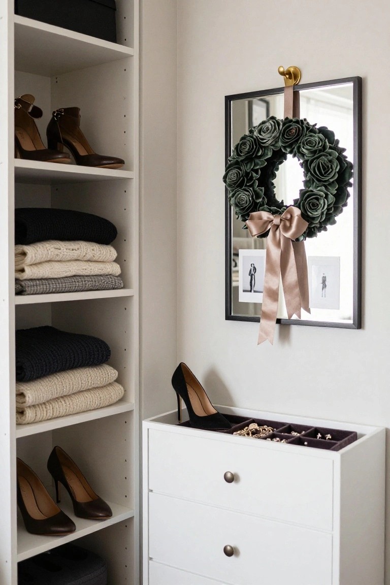 Cotton boll wreath with beige ribbons hanging from a tall metal stand in a greenhouse filled with potted plants, ivy, mossy brick walls, and a metal watering can on the floor.