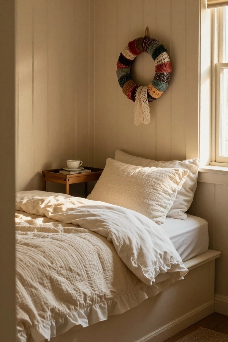 Gray tufted banquette booth with colorful patterned lower cushion beside a round white marble table on gold base, ornate gold-framed mirror with gray velvet ruffle above, in a pale blue-walled room.
