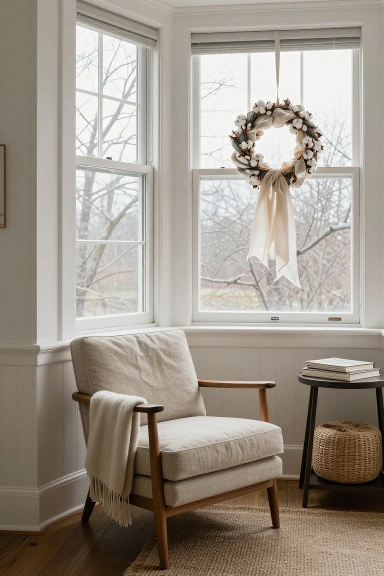 Oval mirror wrapped in white textured fabric hanging on a light gray wall above a white wall-mounted sink with black faucet, next to a frosted window, with folded white towels on a white stool below.