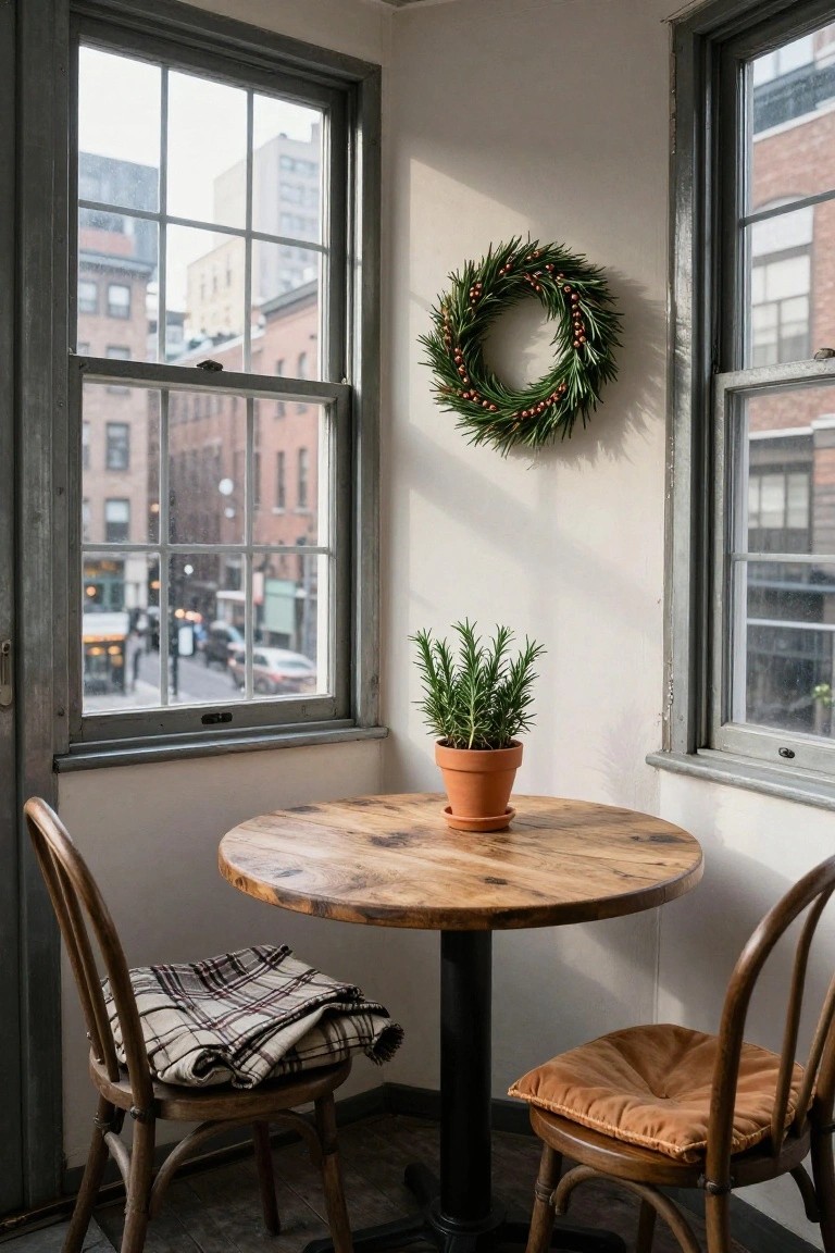 Living room interior with stone fireplace, wooden mantel topped with pine garland, large brown textured fabric wreath hanging above on beige wall, brown leather sofa, wooden coffee table with bowl, and patterned rug.