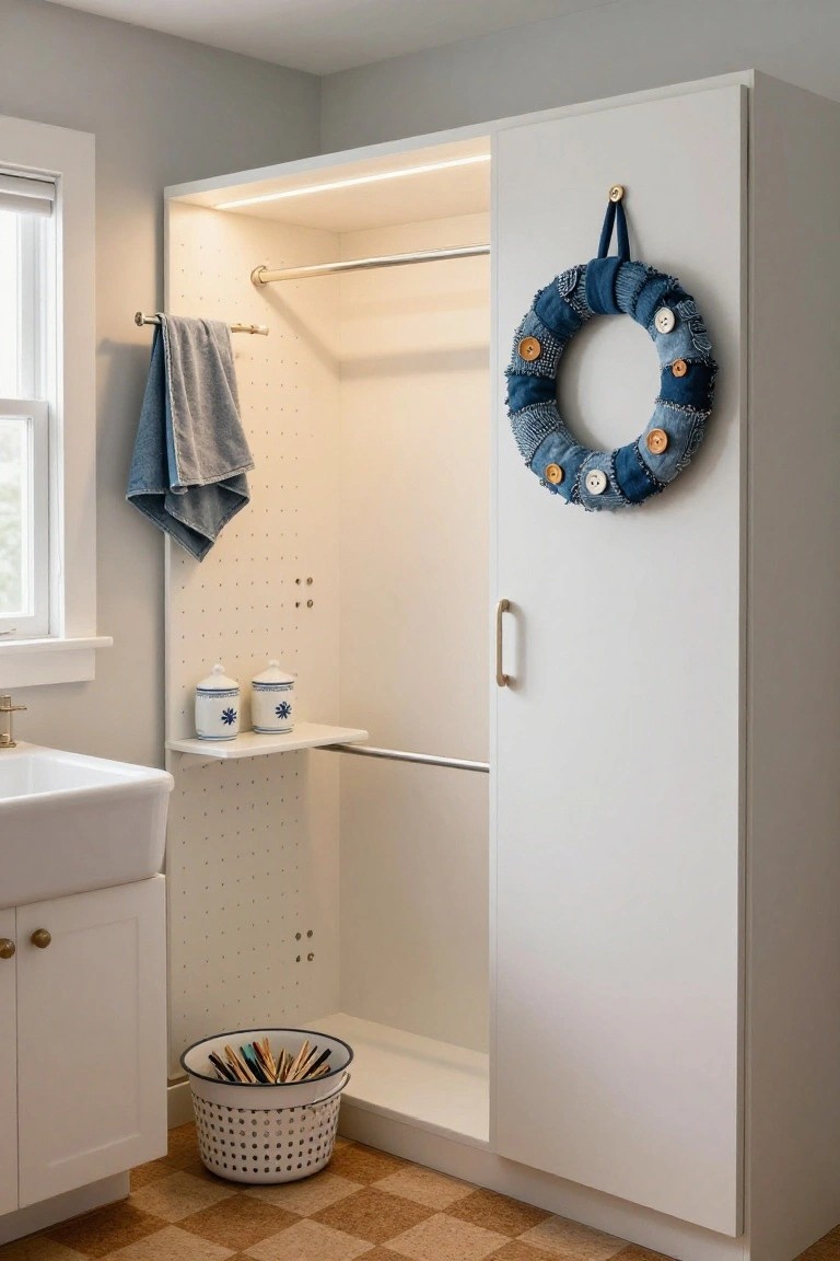 White powder room vanity with undermount sink, gold faucet, and open shelves holding white towels below, next to a round mirror framed by a multicolored fabric poinsettia wreath on a white paneled wall.