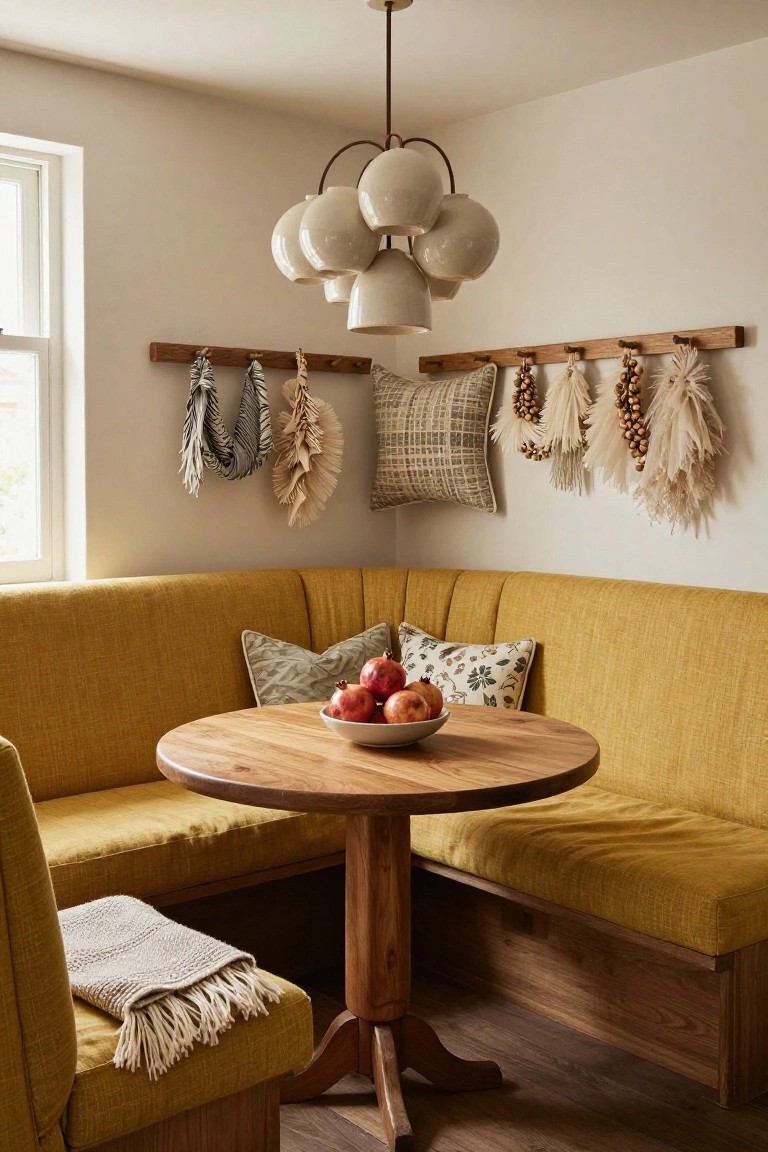 Colorful ribbon wreath with green foliage hanging on wooden pegboard wall above laundry sink and washer, wicker basket with towel on floor nearby.