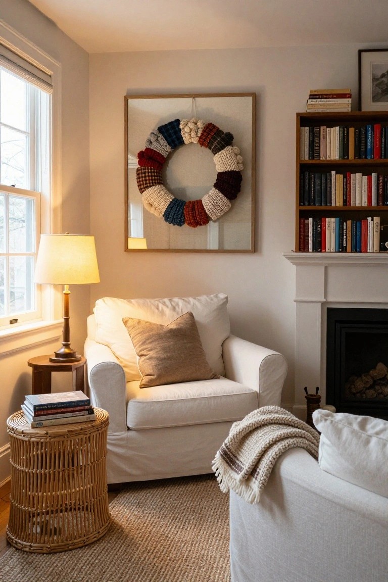 Living room with stone fireplace, rustic wood mantel topped with green fabric garland, gold bells, and poinsettias, plus a matching wreath hanging above, white sofas, and wood coffee table nearby.