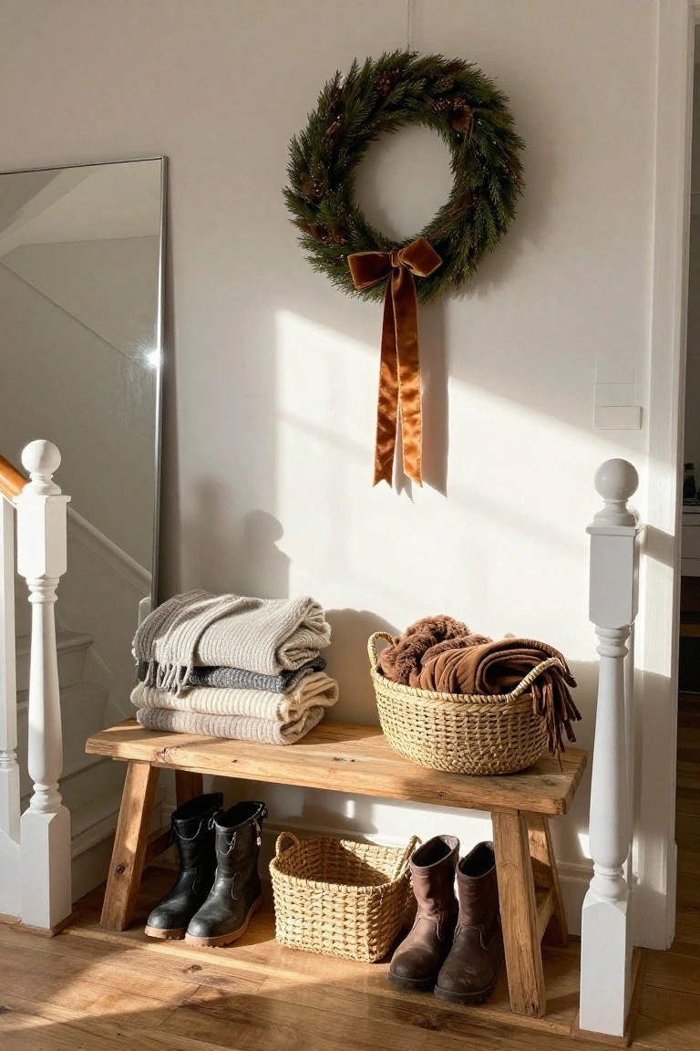Modern kitchen with gray cabinets, white subway tile backsplash, black pendant lights overhead, rustic wood shelves holding pots and displaying greenery wreaths and textured beige wreaths, marble island topped with oranges and rosemary sprigs.