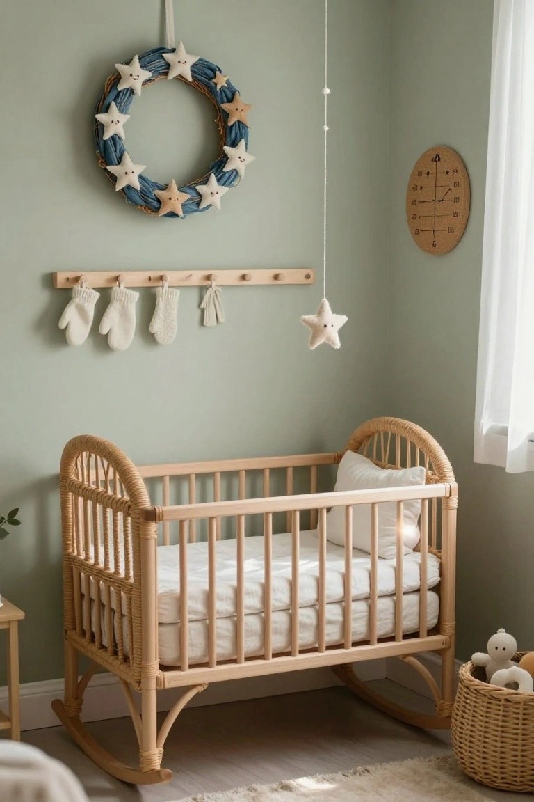 Bedroom with beige linen bed, wooden frame, nightstand and lamp, leaf print on wall, and lit fabric wreath of wheat-like material hanging above the bed near two windows.
