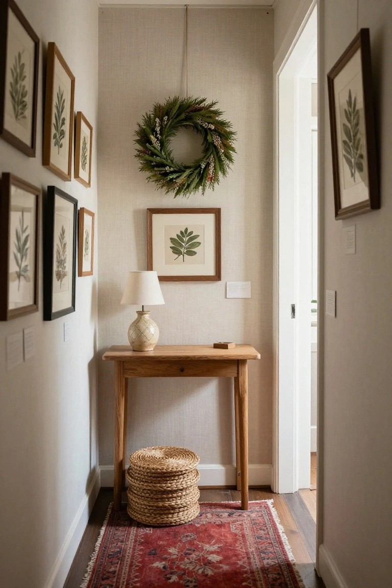 A beige knitted rope wreath draped over white balusters on a staircase railing, next to a small wooden table holding stacked books, a framed photo, and a brass lamp.